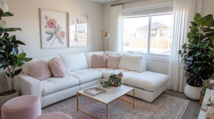 Comfortable living room setting displays a white sectional sofa with pink pillows, complemented by floral artwork and decorative plants creating a serene atmosphere with natural light and a soft,...