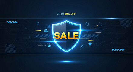 Cyber monday sale banner with shield and glowing text effect, digital promotion for online shop, cybersecurity sale event