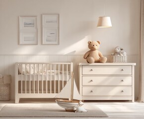 Light-filled nursery with crib, dresser, toys, art, and a sailboat