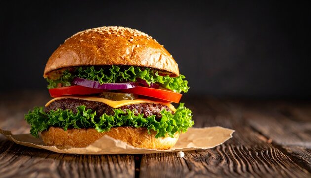 Mouthwatering classic American cheeseburger with fresh toppings, served on a rustic wooden board against a dark background - Powered by Adobe