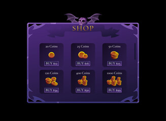 Halloween gothic shop UI screen with gold coin purchase menu. Dark fantasy RPG mobile game store interface with skull bat banner, purple frame, coin packs, and in-app purchase buttons.