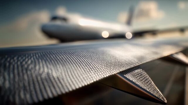 Extreme close up of a carbon fiber airplane wing surface with a woven texture, showing advanced aerospace materials and engineering with a commercial jetliner blurred in the background