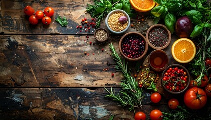 Assortment of vibrant fresh ingredients for cooking, arranged artfully on rustic wooden surface