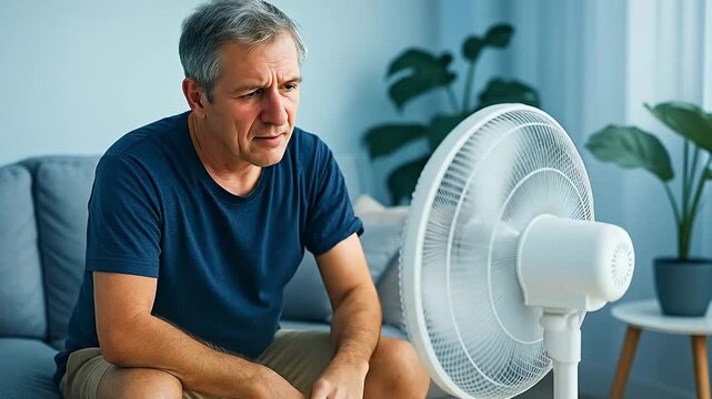 Mature man feeling hot and sweaty, seeking relief from summer heatwave with a cooling electric fan at home