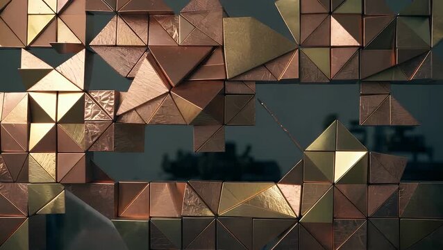lengthy and elaborate depiction of metallic geometric facade installations or paneling systems featuring lustrous copper and auric gold finishes and tones