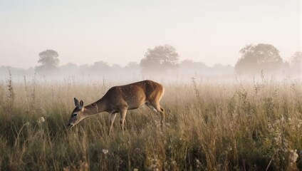 Naklejka premium Misty morning scene with a deer