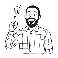 Man with beard and idea light bulb pointing upwards with finger.