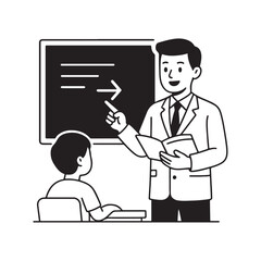 Teacher Explaining Lesson to Student in Classroom with Blackboard.