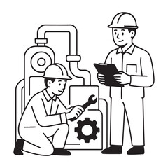 Two engineers working on industrial machinery demonstrating teamwork and maintenance.