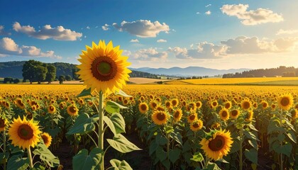 Obraz premium Vibrant Sunflower Field Under a Bright Blue Sky with Fluffy Clouds During Golden Hour in Countryside