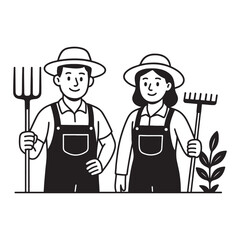 Black and white line art illustration of a farmer couple.