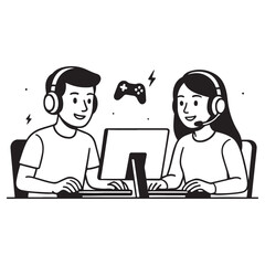 Two young people wearing headphones playing video games on a computer.