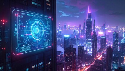 Futuristic Metropolis High-Tech Interface Overlooking a Neon Cityscape at Night