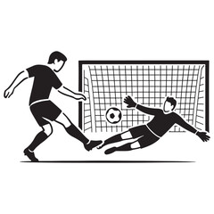 Soccer player shooting on goal with goalkeeper diving to save.