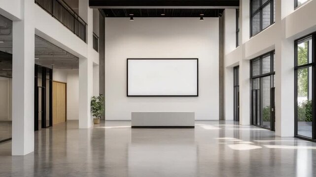 Modern minimalist gallery interior with bright windows and empty frame for artwork display in contemporary architectural space 4k video footage