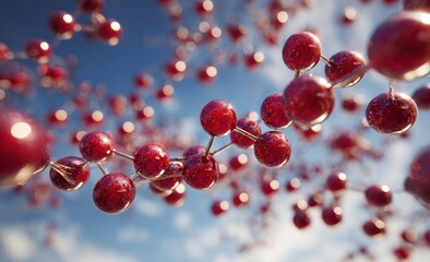 Close-up of spherical, translucent red structures linked by rods, against a bright blue sky