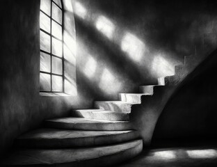 Light streams onto stone steps in a shadowed interior