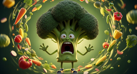 Terrified Broccoli Cartoon Character Surrounded by Flying Vegetables Healthy Eating Concept