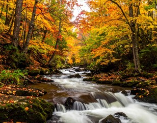 Autumn forest river cascades through vibrant woods