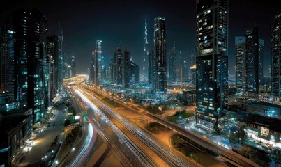 Naklejka premium Night cityscape with illuminated skyscrapers and traffic trails