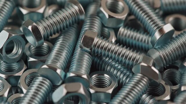 Close-up pile of steel nuts and bolts showcasing chrome threads and metallic texture, essential fasteners for repair, construction