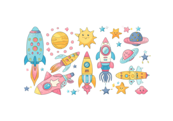 set of kawaii space doodles rocket, astronaut, alien, star, past