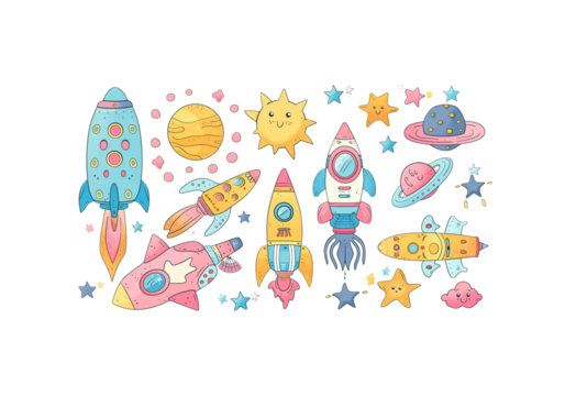 set of kawaii space doodles rocket, astronaut, alien, star, past