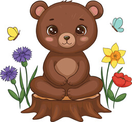 Cute cartoon brown bear sitting on tree stump, adorable animal illustration with flowers and butterflies, kids art design, woodland wildlife drawing