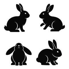 Four silhouette bunny rabbit poses featuring different breeds and expressions for design projects silhouette
