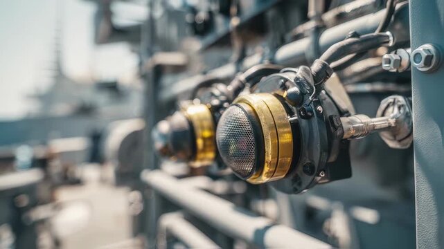 Closeup medium shot of noise cancellation devices mounted near marine machinery highlighting the focused technology minimizing underwater sound pollution