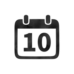 Hand-drawn black silhouette calendar icon with watercolor texture showing the number 10. Perfect for monthly schedules, event planning, and digital calendars.