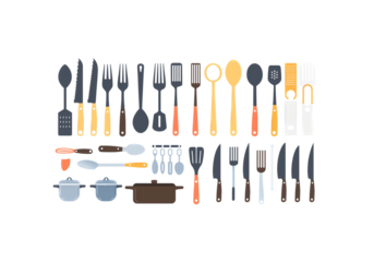 set of kitchen utensils spoons, forks, pans, knives, flat vector