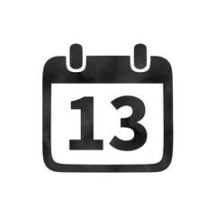 Hand-drawn black silhouette calendar icon with watercolor texture showing the number 13. Perfect for monthly schedules, event planning, and digital calendars.