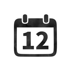 Hand-drawn black silhouette calendar icon with watercolor texture showing the number 12. Perfect for monthly schedules, event planning, and digital calendars.