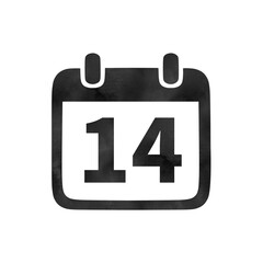 Hand-drawn black silhouette calendar icon with watercolor texture showing the number 14. Perfect for monthly schedules, event planning, and digital calendars.