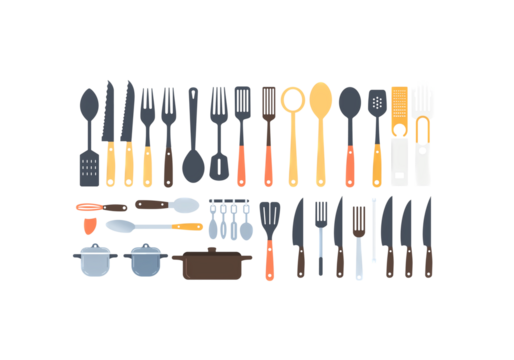 set of kitchen utensils spoons, forks, pans, knives, flat vector