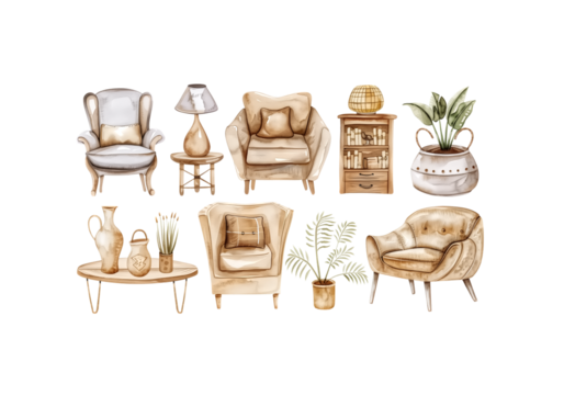 set of cozy living room items armchair, lamp, coffee table, plan