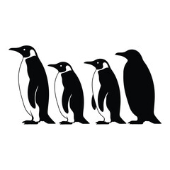Four black and white emperor penguins standing in a row with one larger penguin silhouette