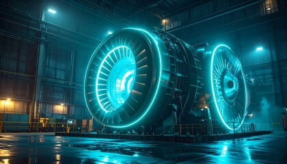 Obraz premium Futuristic Industrial Generator with Glowing Blue Light in a Dark Factory Setting.