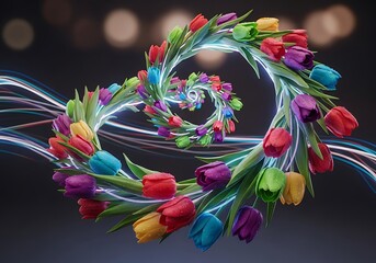 Vibrant tulips arranged in a captivating spiral formation with luminous streams weaving through the petals creating a