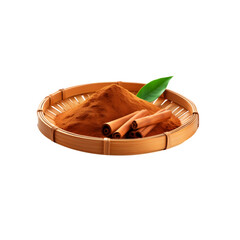 Basket of cinnamon spice with leaf on transparent background