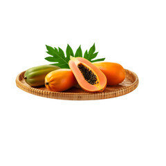 Basket of ripe papaya fruit on transparent background