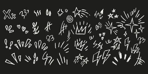 Pen doodles with sketchy symbols, stars, lightning, crowns, hearts, exclamation cartoon elements. White highlights, emphasis, children’s drawing icons. Pop art or graffiti marks.