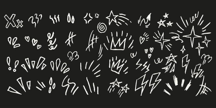 Pen doodles with sketchy symbols, stars, lightning, crowns, hearts, exclamation cartoon elements. White highlights, emphasis, children&rsquo;s drawing icons. Pop art or graffiti marks.