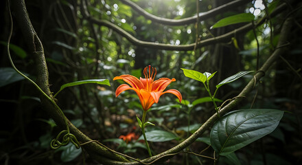 Vibrant Orange Lily Blossom in Tropical Rainforest Surrounded by Lush Greenery and Intertwined Vines