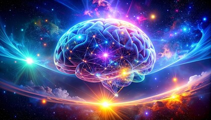 Vibrant, glowing abstract illustration of a human brain, symbolizing knowledge and connections within a cosmic background