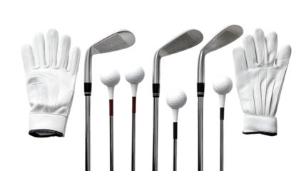 Golf clubs, balls, and gloves isolated on transparent background
