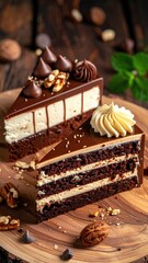 Two slices of decadent, layered chocolate cake with creamy frosting