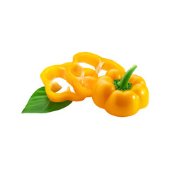 Sliced yellow bell pepper with leaf on transparent background