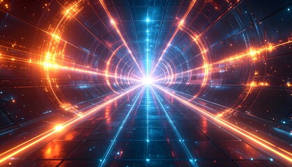 Obraz premium Abstract Sci-Fi Tunnel with Glowing Neon Lights and Energy Beams.